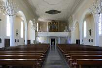 Seelbach, St.Nikolaus-Kirche, Blick zur Orgelempore mit der historisch wervollen Stieffell-Orgel von 1781, Juli 2020