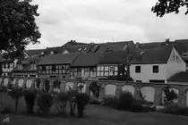 Unterwegs im Schlosspark von Stavenhagen, hintern den Mauern zu sehen alte (Fachwerk)h�user. (August 2014)