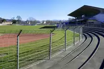Freiburg, das M�sle-Stadion im Stadtteil Waldsee, war bis 2000 Spielst�tte des FC Freiburg und beherbergt jetzt die Fu�ballschule des SC Freiburg, Feb.2022 