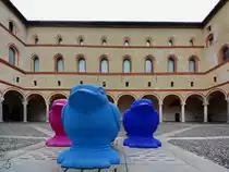 Ein buntes Vogeltrio im Innenhof des mittelalterlichen Castello Sforzesco. (Mailand, Juni 2014)