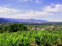 Denzlingen, Blick vom Mauracher Berg �ber die Stadt, dahinter liegt Freiburg mit dem 644m hohen Sch�nberg in der Bildmitte, Juli 2022