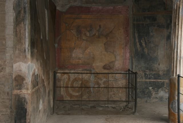 Wandmalerei in einer Villa. Durch den hermetischen Abscluss ber 17-18 Jahrhunderte sind die Farben gut erhalten. Pompeji, 21.10.2007